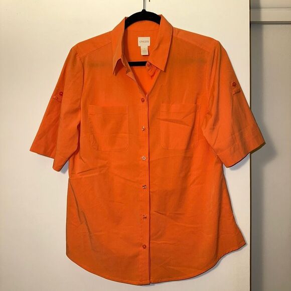 Chicos Silky Soft Camp Shirt Orange Button Down Collar Size 1 (Medium) NWOT - Picture 1 of 9